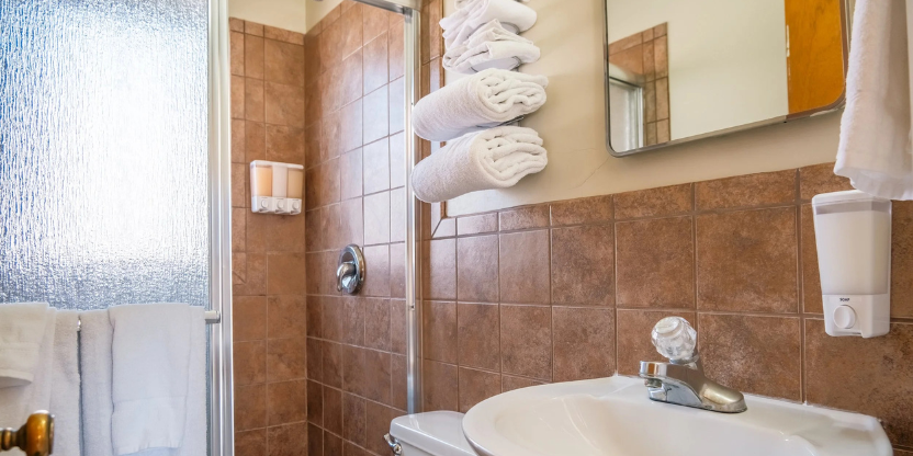 Clean bathroom with walk-in shower at this Lake Havasu lodging site.